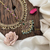 Vriksham Designer Half Moon Style Floral Double Side Maang Tikka-Red-Green Bead-G19509